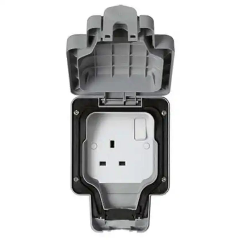 MK 13A Single Gang Weatherproof Switch Socket K56486GRY, Durable Gray Weatherproof Electrical Socket with Single Gang Design, Rated for 13A Use, Suitable for Mild to Harsh Outdoor Conditions